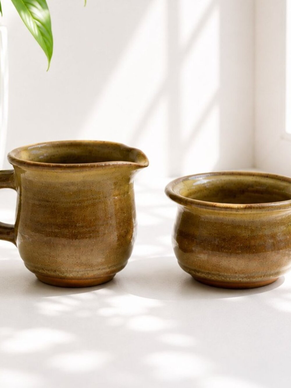 Vintage Brown Glazed Ceramic Creamer & Sugar Bowl Set Handmade Rustic Pottery